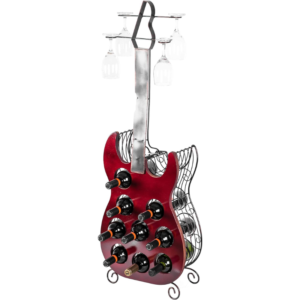 Vintage Wood and Metal Guitar Shaped 9 Bottle Freestanding Decorative Wine Holder
